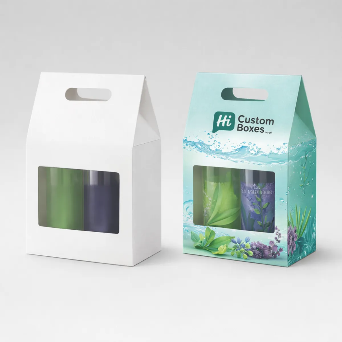 Two premium square gift boxes with magnetic lids, one in plain grey and one in deep teal. class=